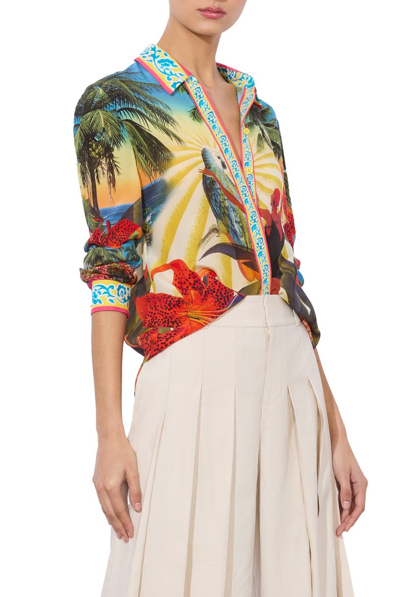 Willa Tropical Print Silk Button-Up Shirt, Alternate, color, ISLAND DREAMS MULTI