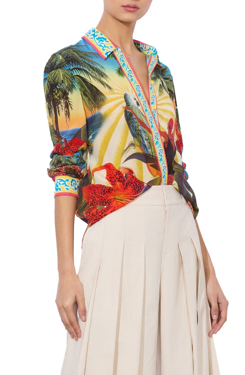 Alice + Olivia Willa Tropical Print Silk Button-Up Shirt, Alternate, color, Island Dreams Multi