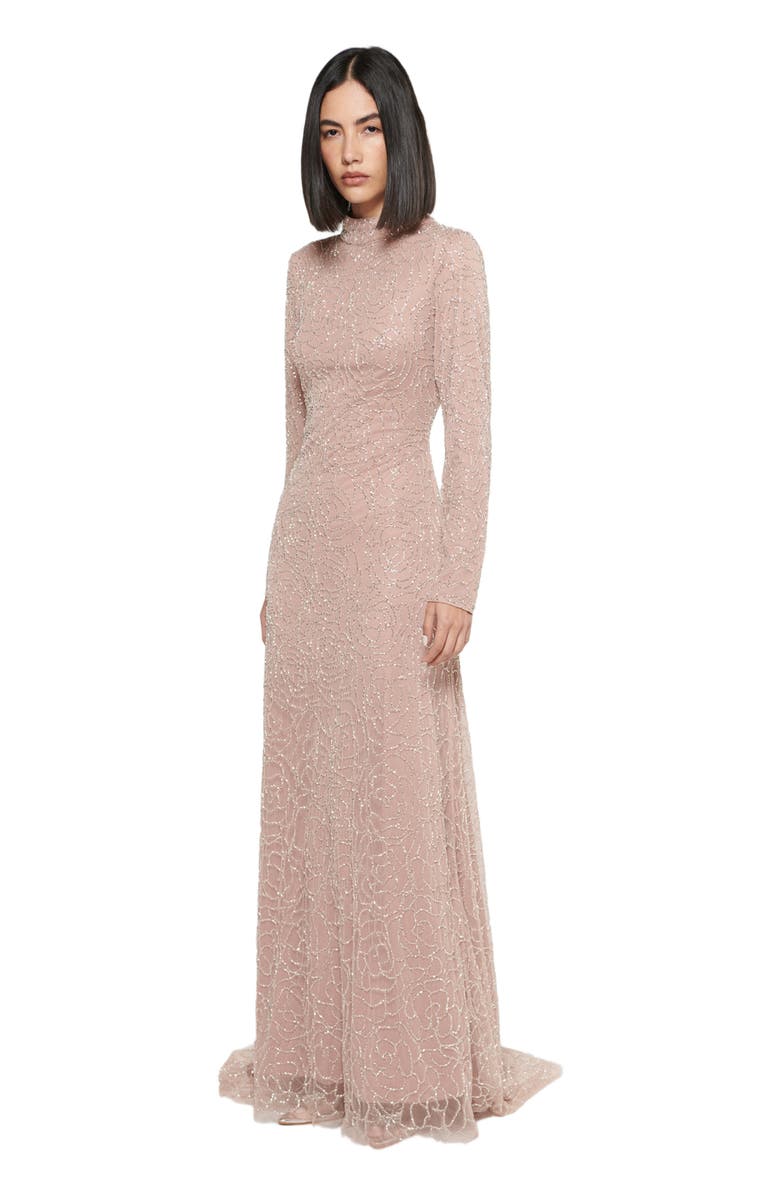 MARYISA Occasion Modest Embellished Sequin Beaded High Neck Evening Dress, Alternate, color,