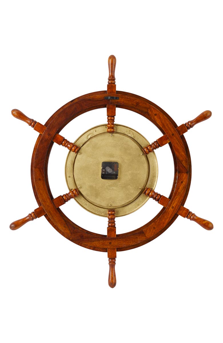 WILLOW ROW Goldtone Wood Ship wheel Sail Boat Wall Clock, Alternate, color, 