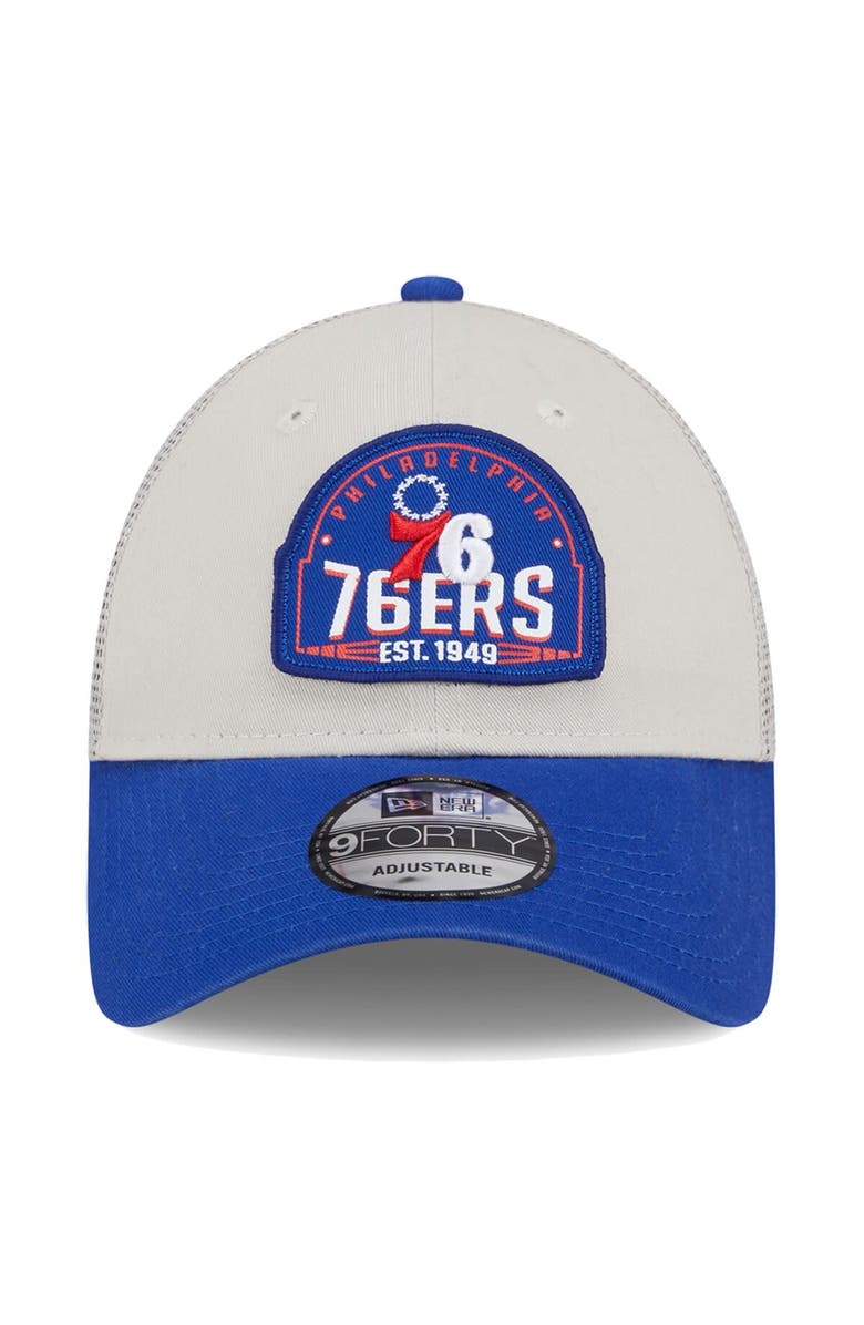 New Era Men's New Era Khaki/Royal Philadelphia 76ers Throwback Patch Trucker 9FORTY Adjustable Hat, Alternate, color, Khaki