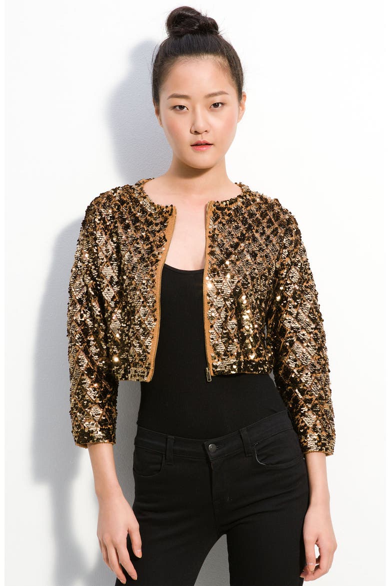 'Tela' Cropped Sequin Sweater, Main, color, CAMEL MULTI