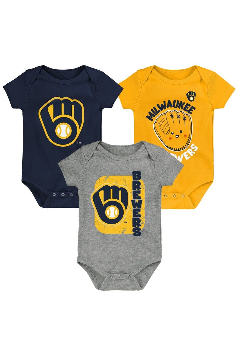 Newborn & Infant Navy/Gold/Gray Milwaukee Brewers Change Up 3-Pack Bodysuit Set, Main, color, Navy
