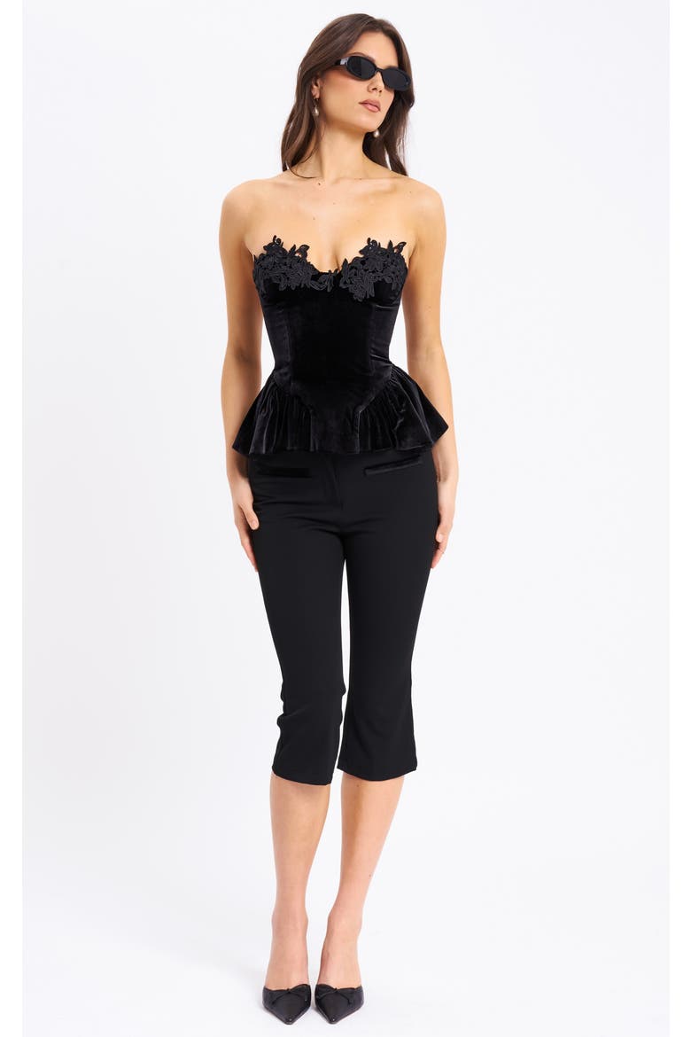 Qiaraa Velvet Peplum Top with Lace Trim, Alternate, color, Black