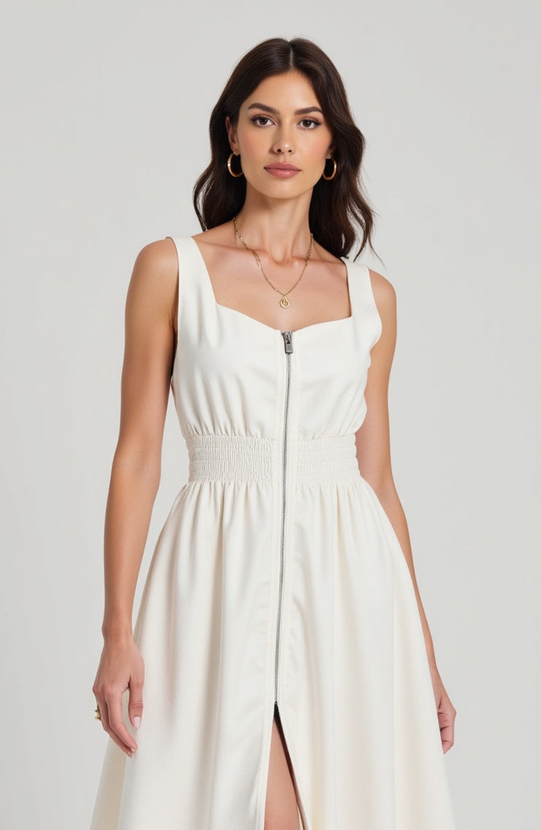 Modenaire Sleeveless Midi Dress with Smocked Waist, Alternate, color, Ivory