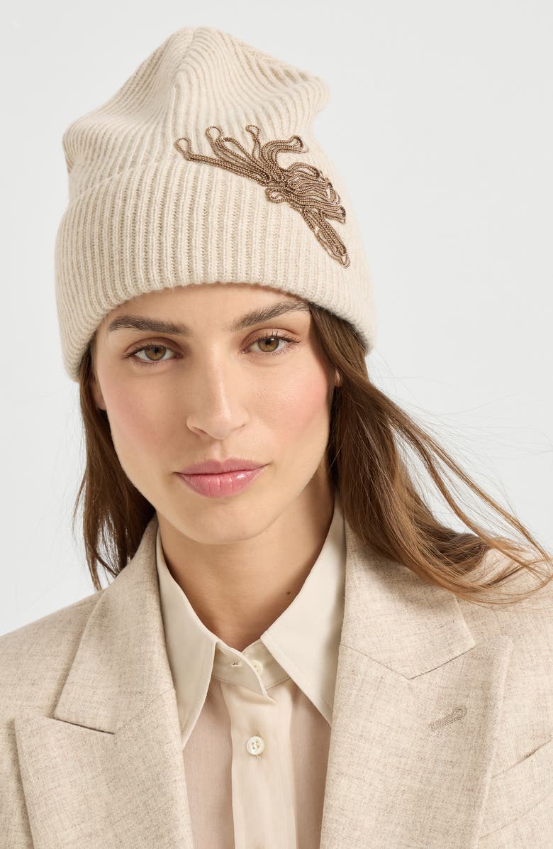 Brunello Cucinelli Cashmere knit beanie with monili, Alternate, color, Beige