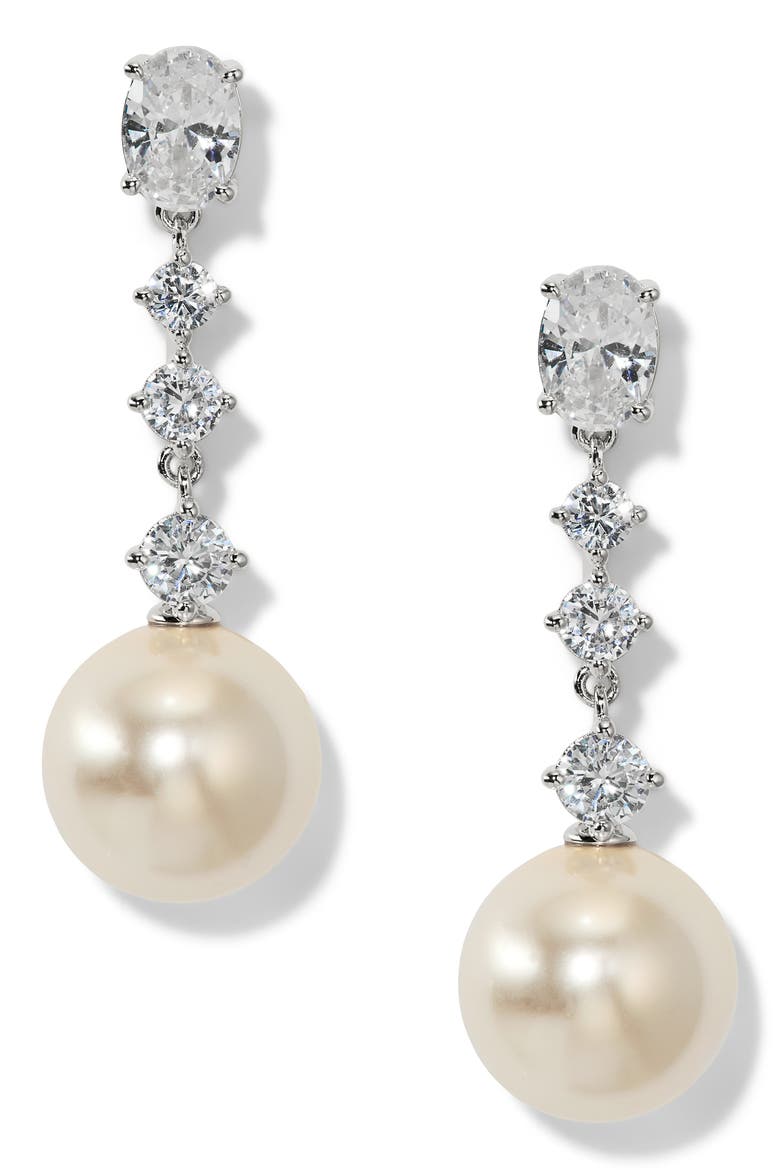 Imitation Pearl Cubic Zirconia Linear Drop Earrings, Main, color, RHODIUM