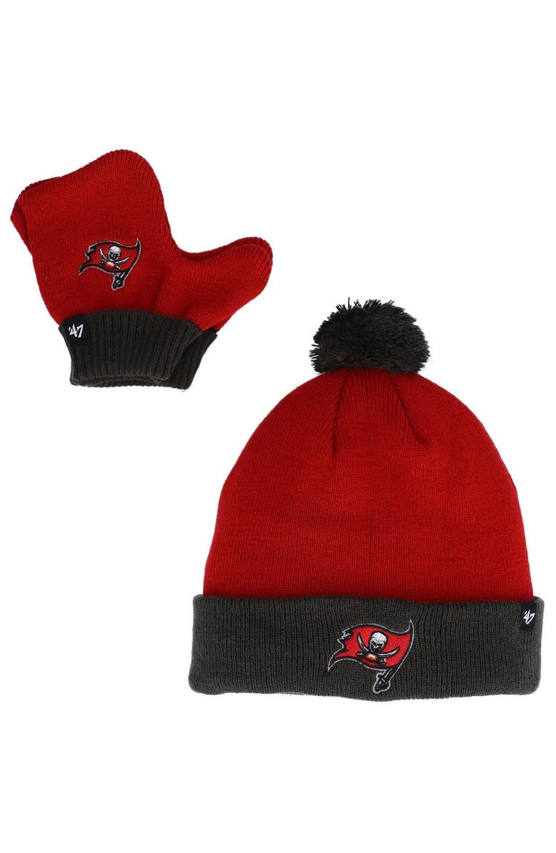 '47 Toddler '47 Red/Pewter Tampa Bay Buccaneers Bam Bam Cuffed Knit Hat with Pom and Mittens Set, Main, color, Red