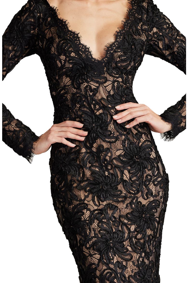 Lace Plunge Neck Long Sleeve Gown, Alternate, color, BLACK/ NUDE