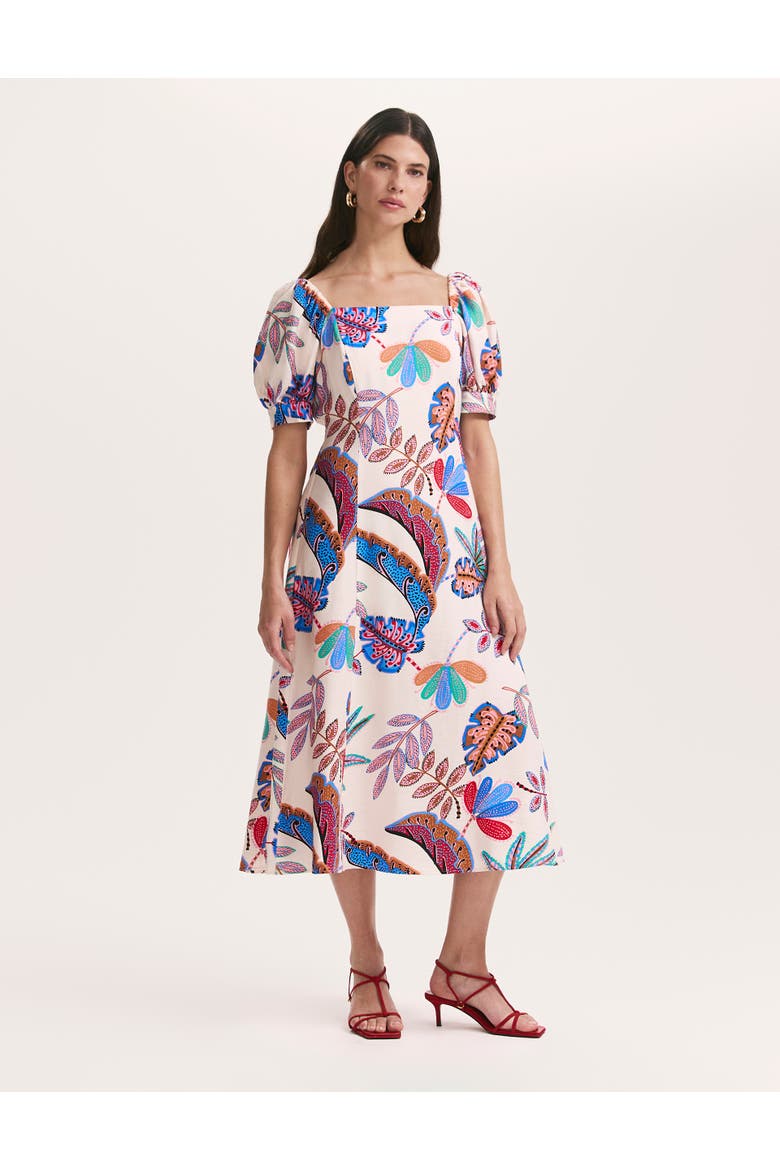 Daisy Square Neck Midi Dress, Main, color, Cream Leaves