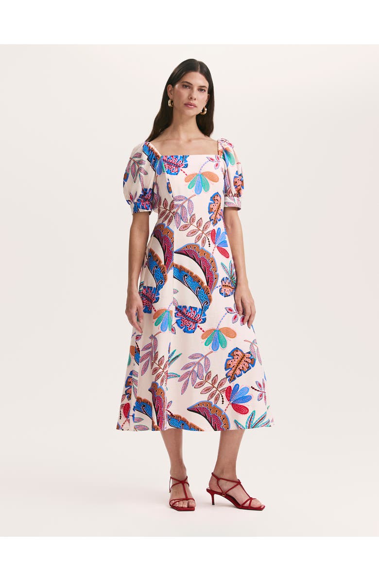 Finery London Daisy Square Neck Midi Dress, Main, color, Cream Leaves