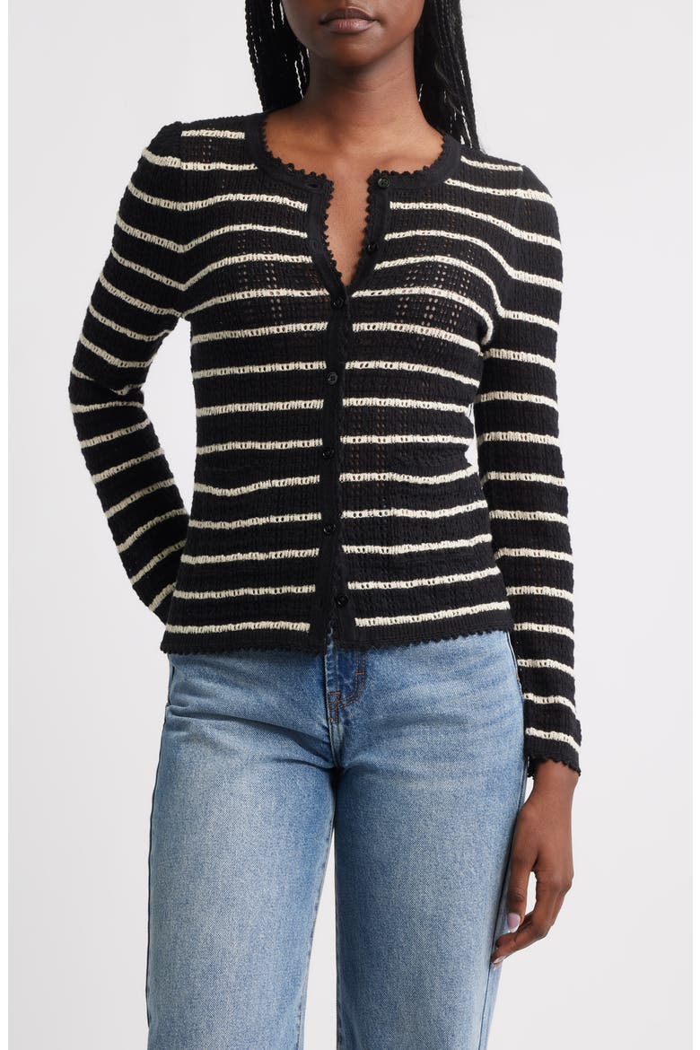 Therese Stripe Open Knit Pima Cotton & Silk Cardigan, Main, color, NOIR ALLAIRE STRIPE