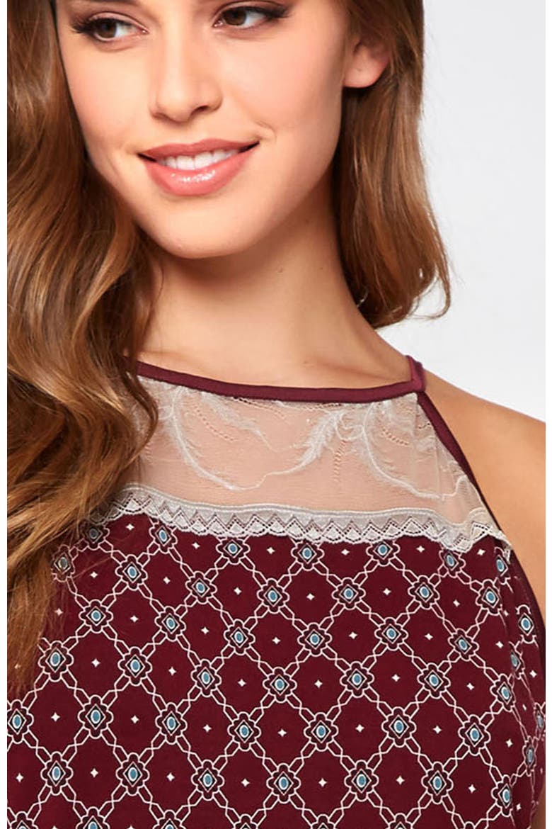 Geometric Print Lace Halter Cami & Shorts Pajama Set, Alternate, color, Burgundy
