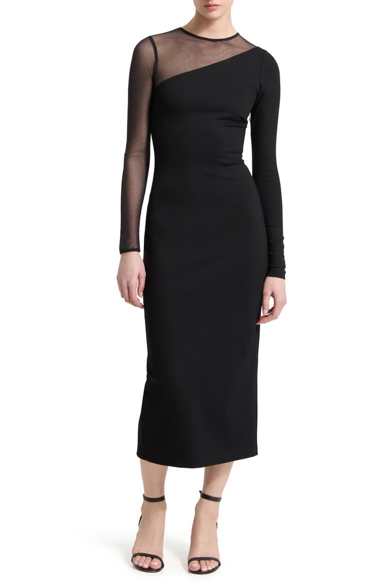 Milo Long Sleeve Mesh & Ponte Column Dress, Main, color, BLACK