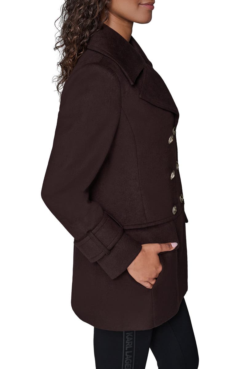 KARL LAGERFELD PARIS Low Waist Double Breasted Wool Blend Peacoat, Alternate, color, Chocolate