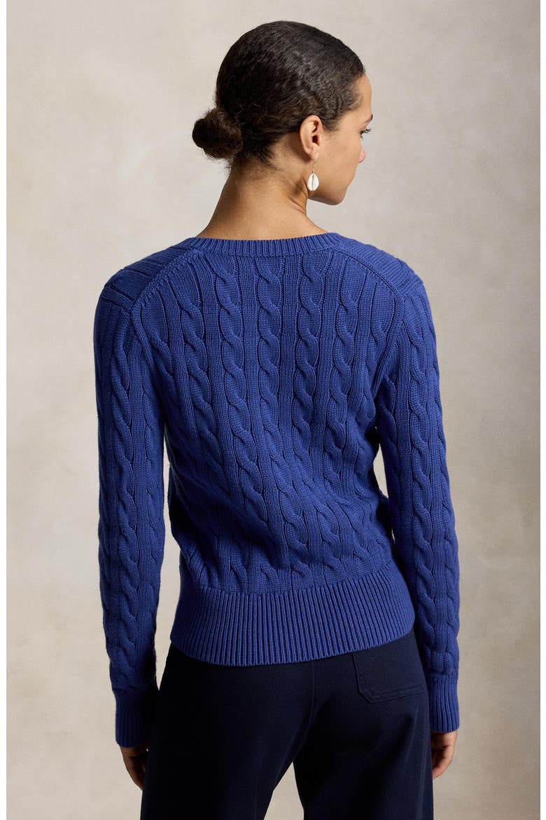 Cable Knit Cotton Crewneck Cardigan, Alternate, color, CHARTER BLUE
