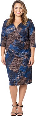 24seven Comfort Apparel Curvy Essential Three Quarter Sleeve Faux Wrap Dress