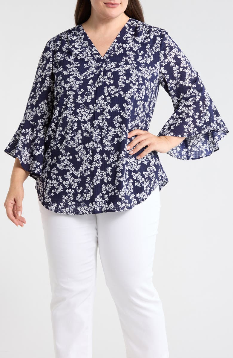 Jones New York Floral Print Bell Sleeve Top, Main, color, Pacific Navy/Nat Wht