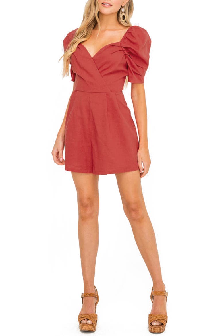 Puff Sleeve Linen Blend Romper, Main, color, CRANBERRY