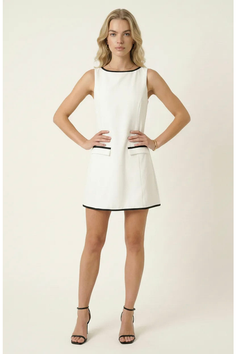 Sleeveless A-Line Mini Dress with Contrast Trim and Faux Pockets, Alternate, color, Off-white / Black