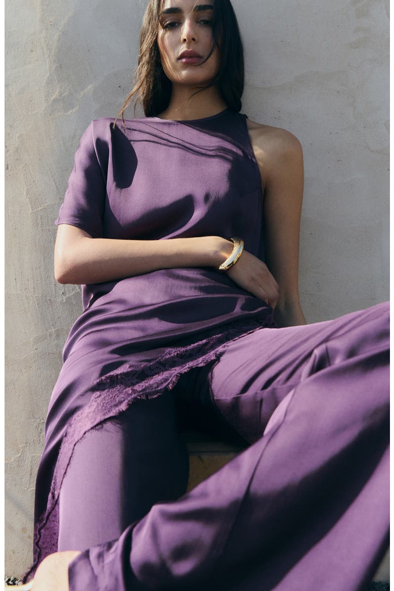 Lace Trim Asymmetric Satin Top, Alternate, color, PURPLE