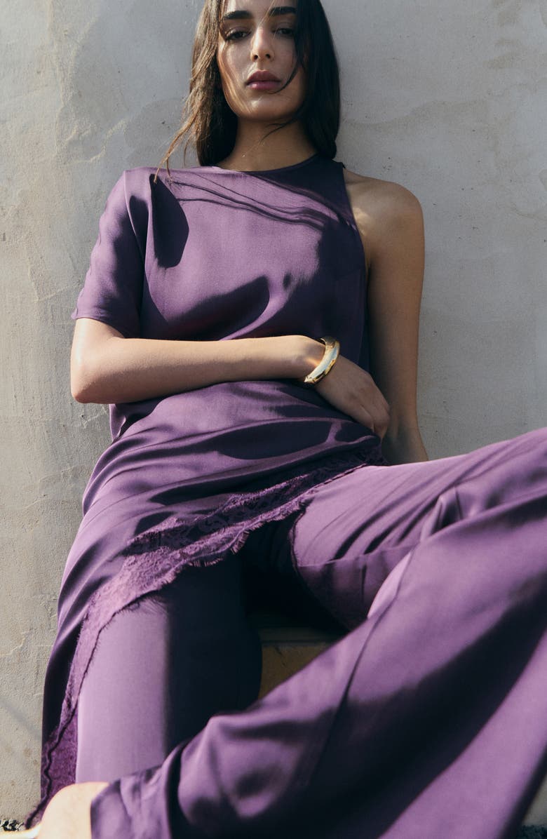 MANGO Lace Trim Asymmetric Satin Top, Alternate, color, 