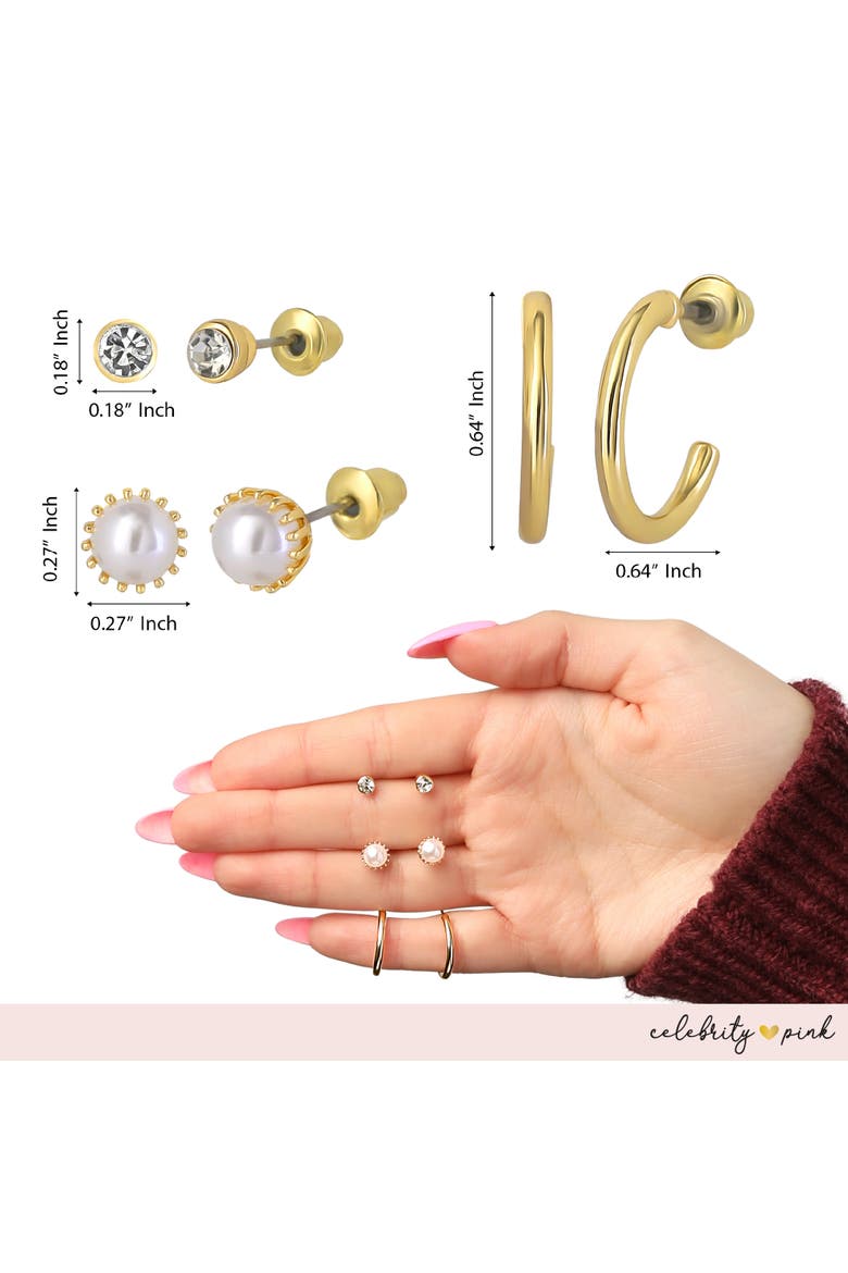 Embellished Gold-Tone Hoops and Stud Earrings Pack of 6 | 6-Pack, Small Hoops and Stud Earrings with Pearl and Rhinestone Accents, Alternate, color, Gold-Tone