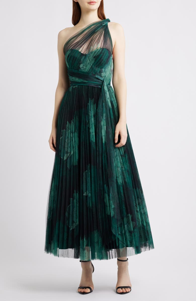 Hutch Philippa One-Shoulder Gown, Main, color, Forest Tonal Sketched Floral
