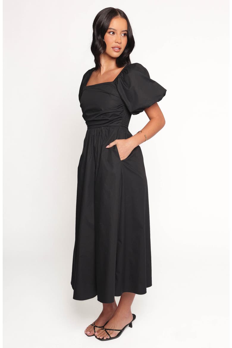 puff sleeve midi dress formal Black Midi Dress, Puff Sleeve Formal Dress, Elegant Tea Length Outfit for Evenings, Receptions, and Special Occasions