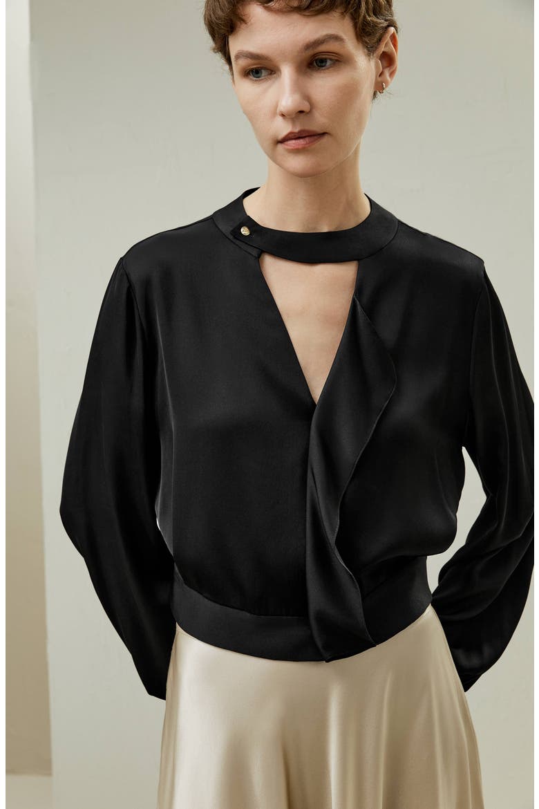 V Neck Collared Silk Shirt, Alternate, color, Black