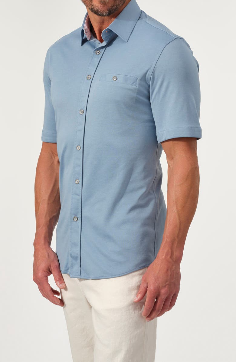 STUDIO GARNET LOS ANGELES Short Sleeve Cotton Knit Button-Up Shirt, Alternate, color, Lake