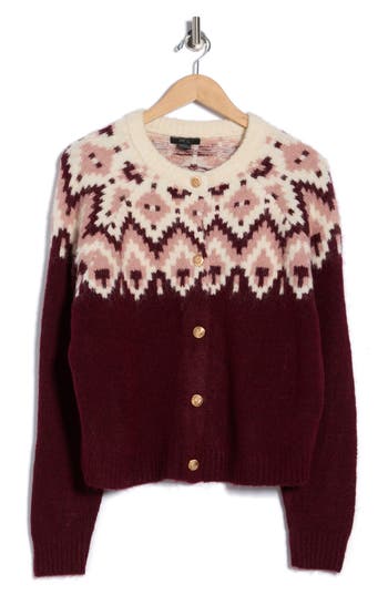 Rdi Fair Isle Button Front Cagan In Burgundy