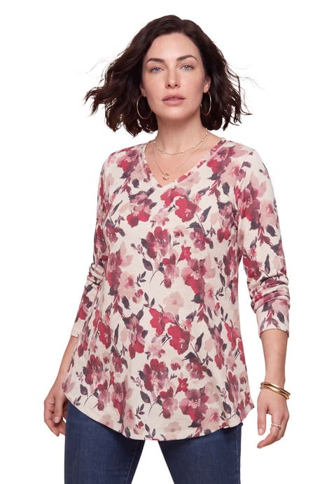 Plus Size Knit Thermal V Neck Swing Tunic Long Sleeve