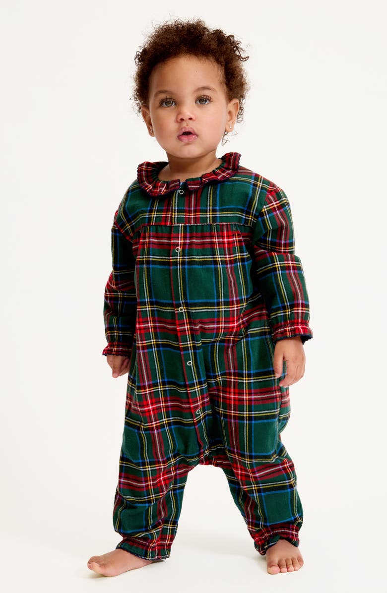 Petite Plume Madeline Kensington Tartan One-Piece Brushed Twill Pajamas, Alternate, color, Green