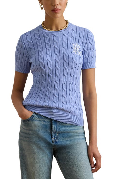 Embroidered Logo Short Sleeve Cable Sweater