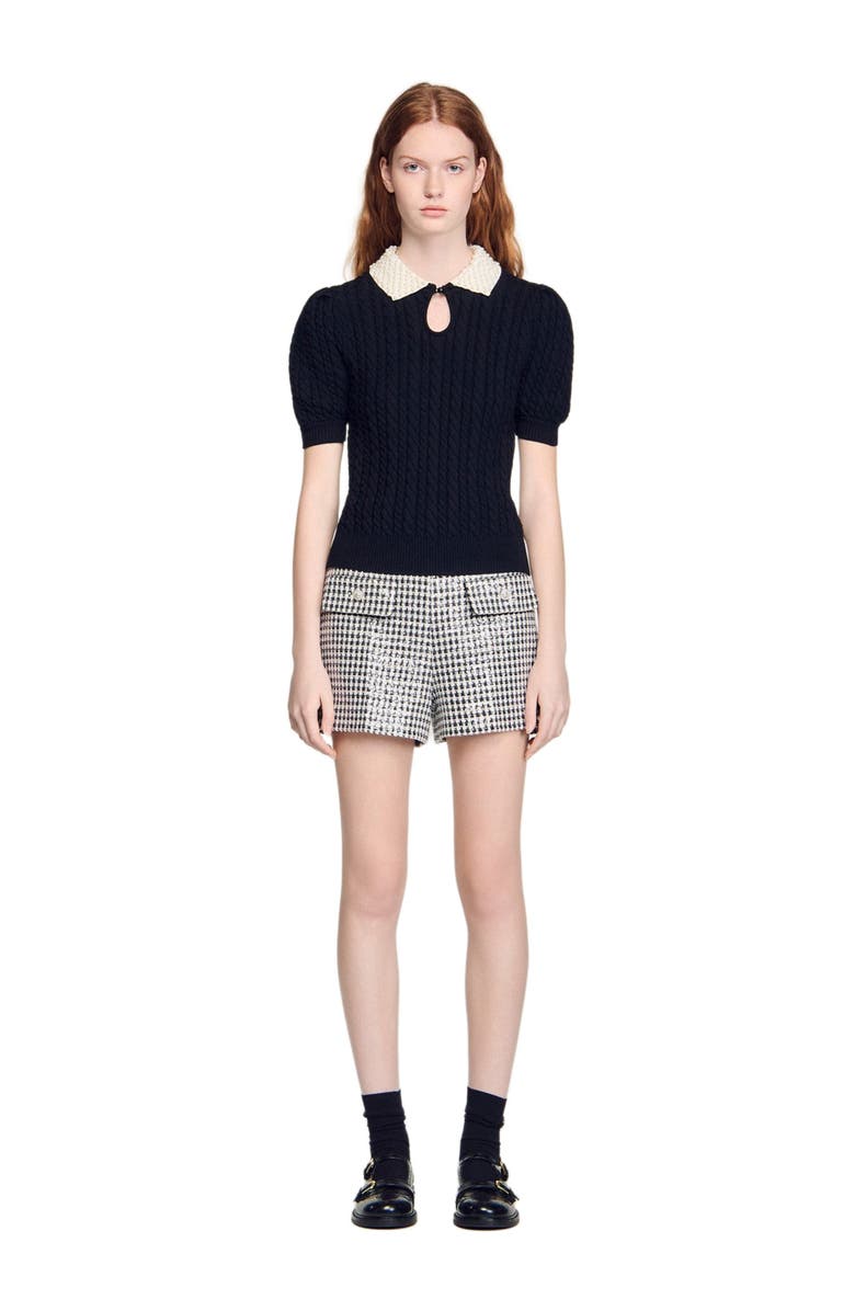 SANDRO Detachable collar cable knit sweater, Alternate, color, Black