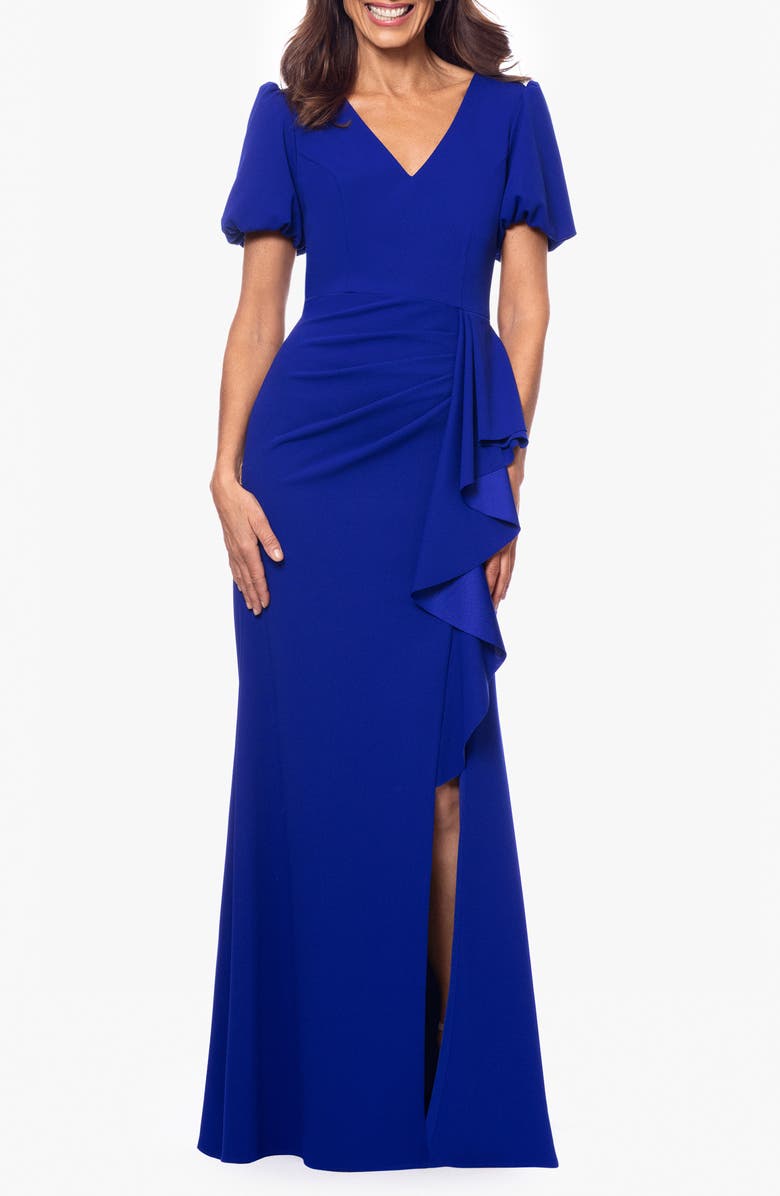 Xscape Evenings Ruffle Scuba Crepe Gown, Main, color, Marine
