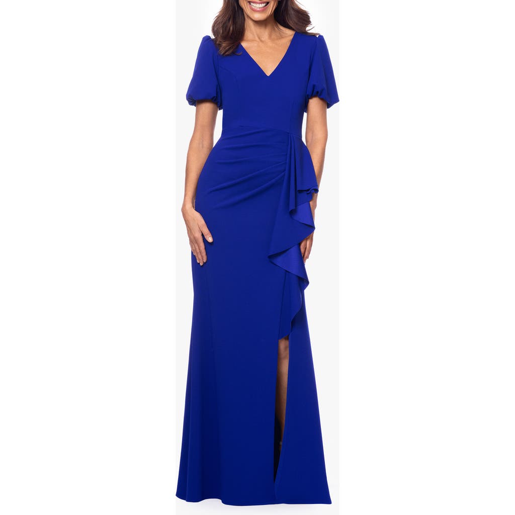 Xscape Evenings Ruffle Scuba Crepe Gown In Marine