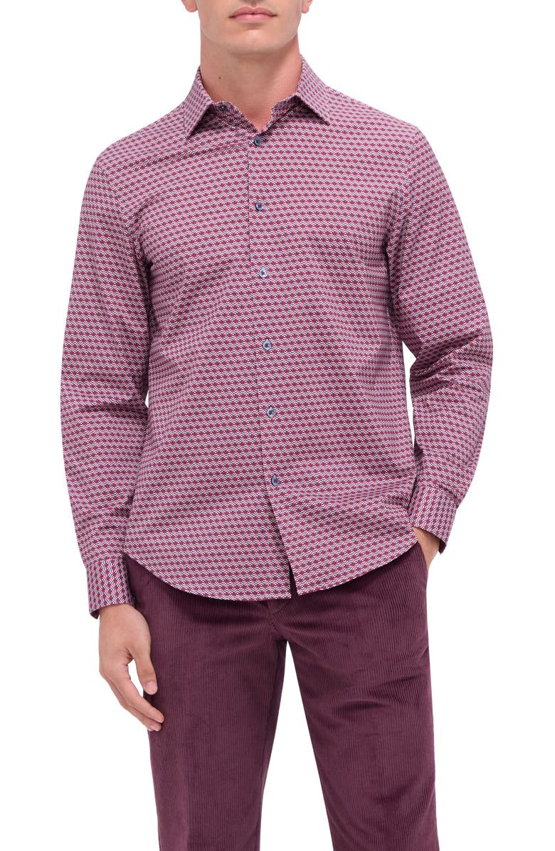 Bugatchi James OoohCotton<sup>®</sup> Geo Print Button-Up Shirt, Main, color, Ruby