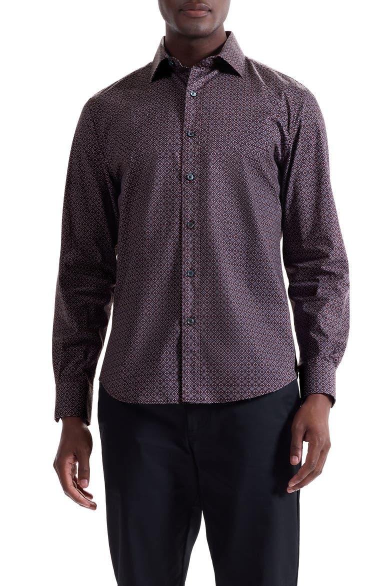 Axel Trim Fit Geo Print Stretch Cotton Button-Up Shirt, Main, color, BURGUNDY