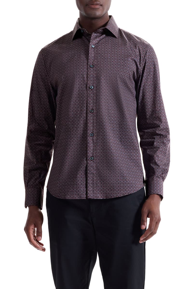 Bugatchi Axel Trim Fit Geo Print Stretch Cotton Button-Up Shirt, Main, color, Burgundy