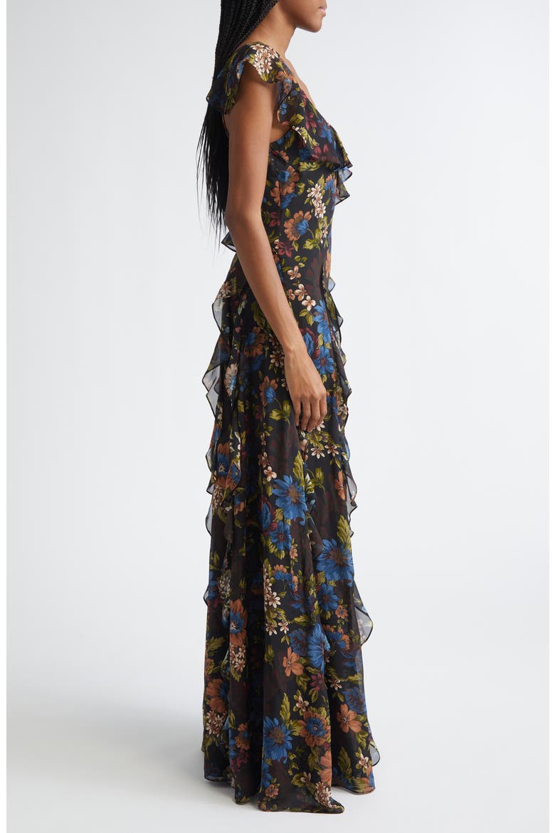 Madeline Floral Print Ruffle Asymmetric Silk Gown, Alternate, color, BLACK MULTI