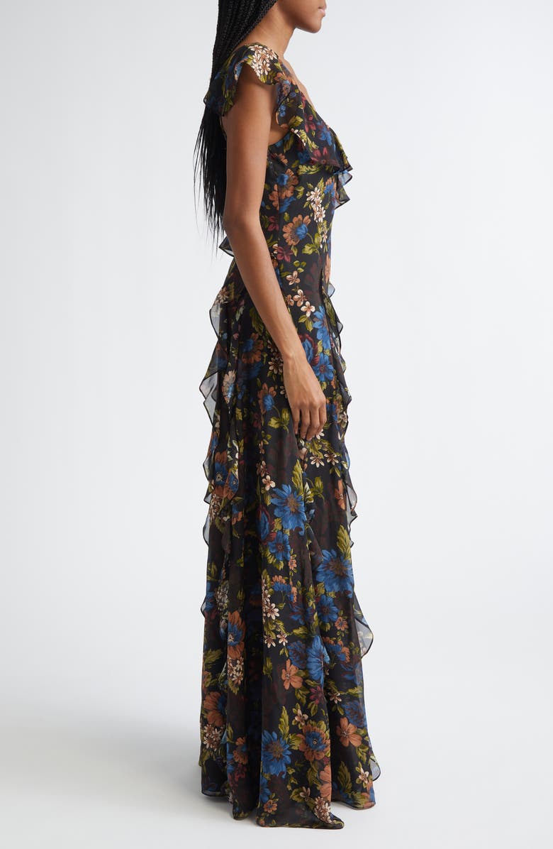 Veronica Beard Madeline Floral Print Ruffle Asymmetric Silk Gown, Alternate, color, Black Multi