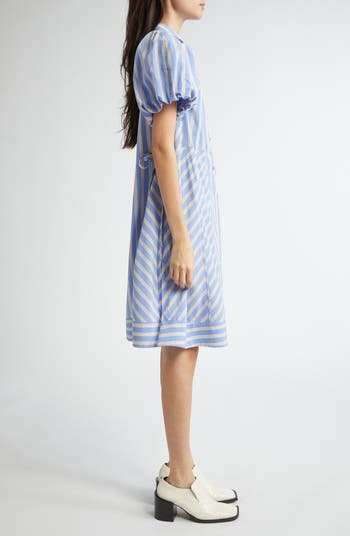 Stripe Puff Sleeve Cotton Blend Shirtdress