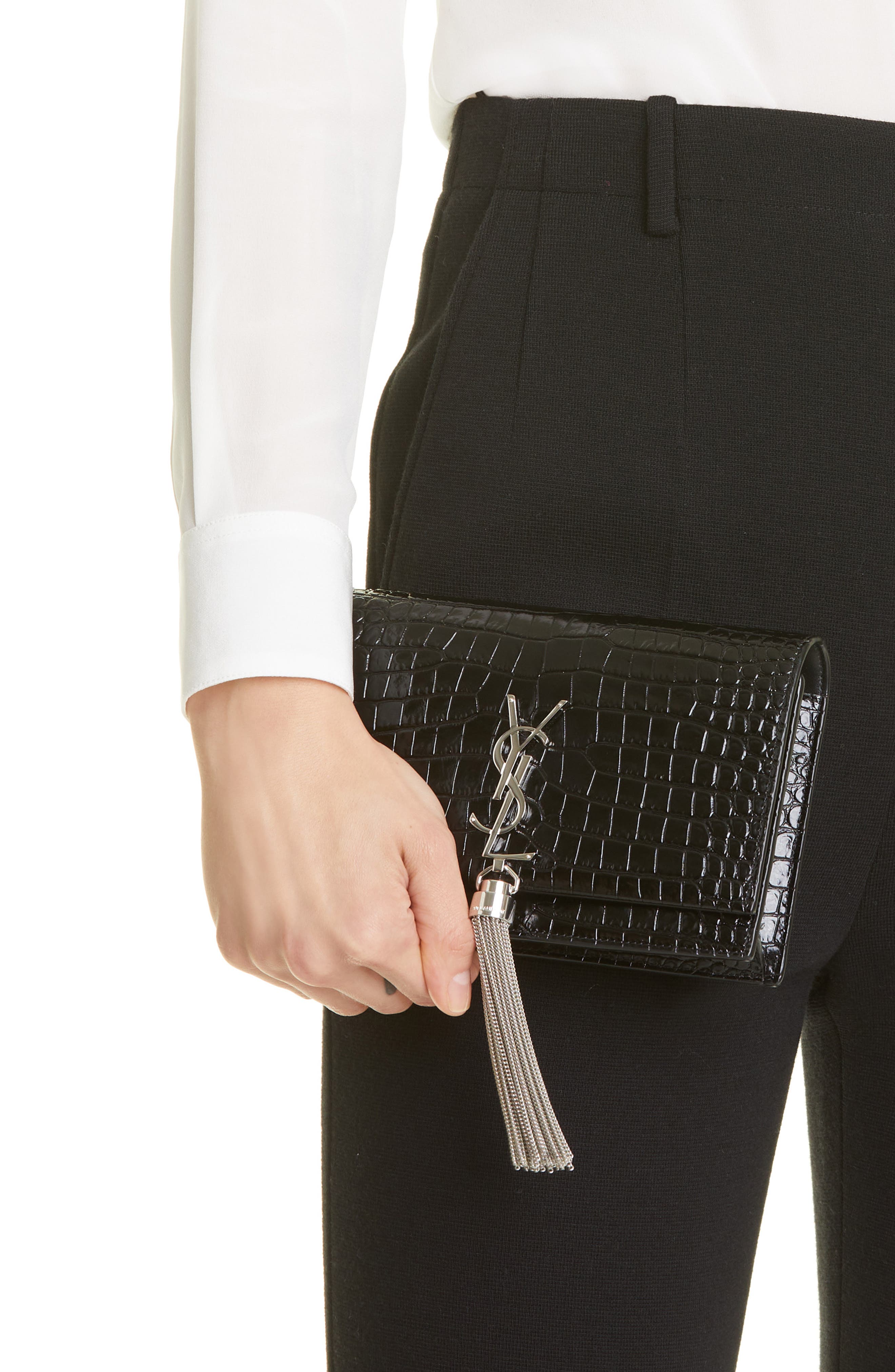 Kate Croc Embossed Leather Wallet on a Chain, Alternate, color, NERO