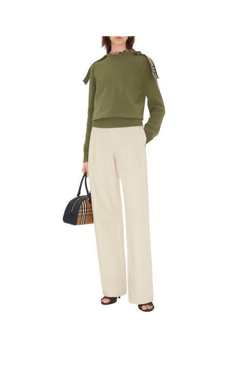 Burberry Check Epaulette Wool Cashmere Blend Sweater In Green