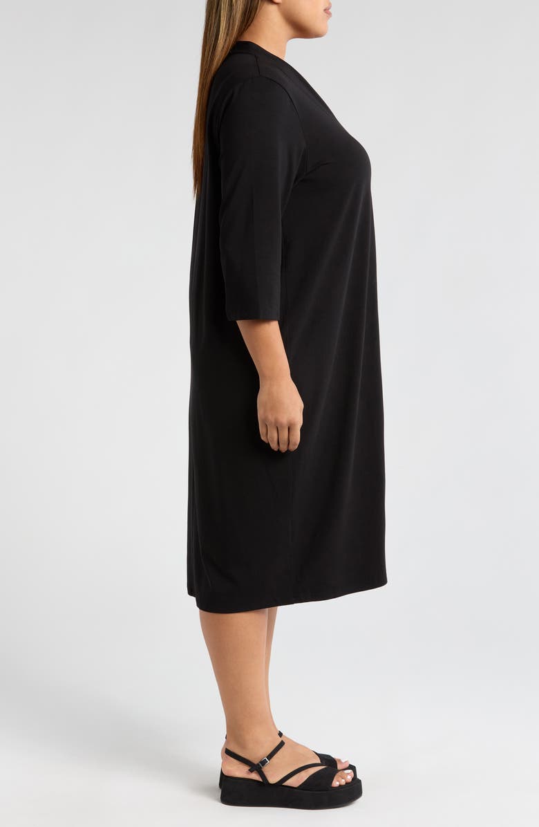 Eileen Fisher Quarter Sleeve V-Neck Midi Dress, Alternate, color, Black