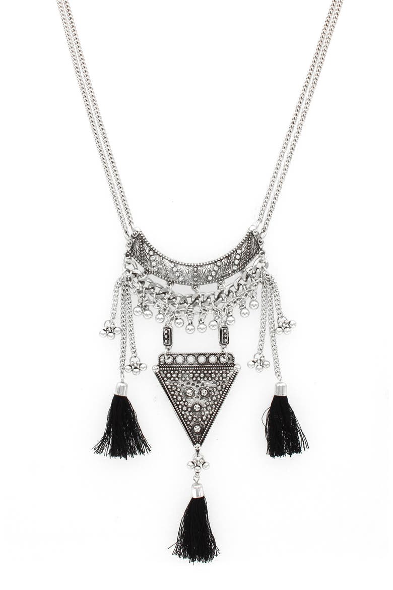 Tassel Trio Pendant Necklace, Main, color, BURNISHED SILVER / BLACK