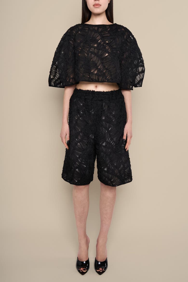 Fleur Sheer Lace Relaxed High-Waist Boyfriend Shorts, Alternate, color, Black