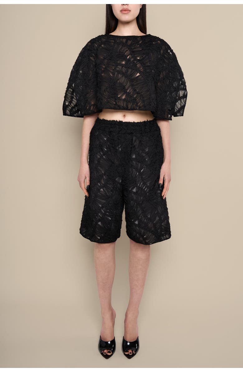 Contessa Mills Fleur Sheer Lace Relaxed High-Waist Boyfriend Shorts, Alternate, color, Black